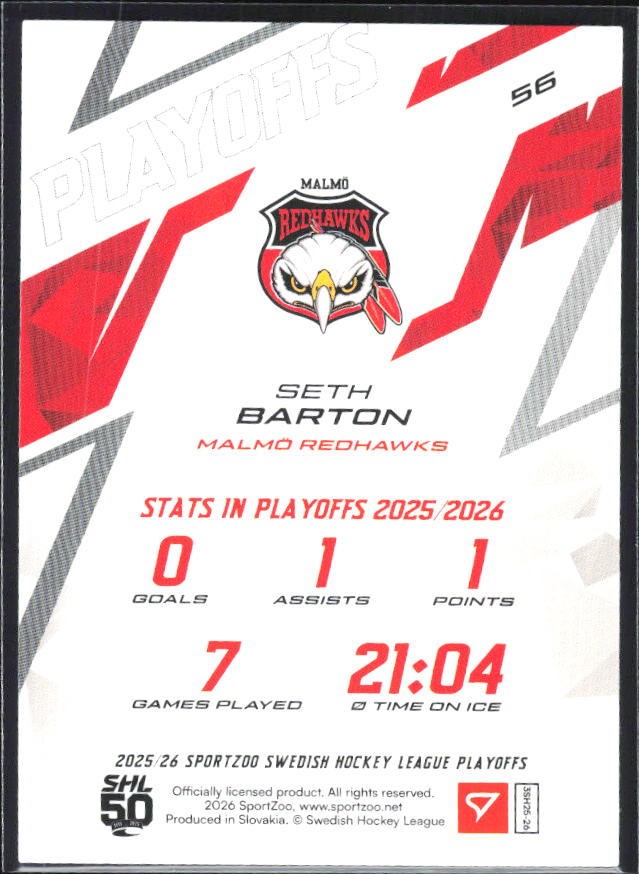 Seth Barton 2025-26 SHL Playoffs #56 – baksida