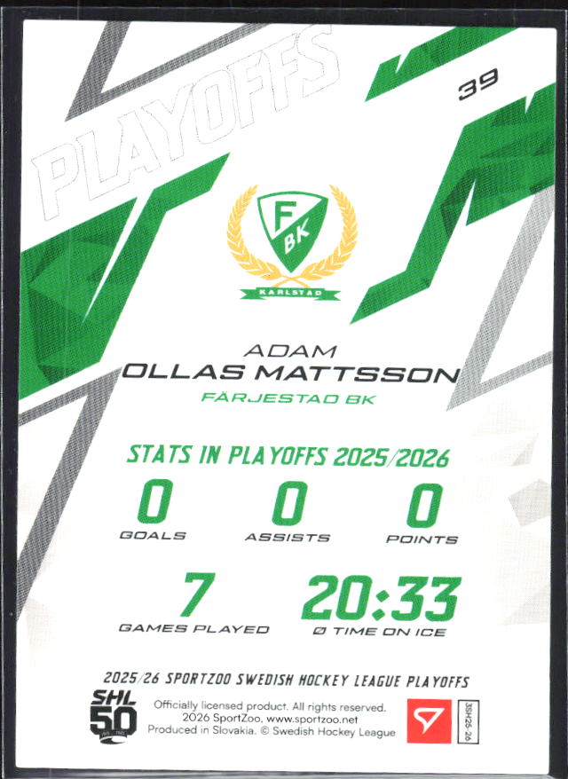 Adam Ollas Mattsson 2025-26 SHL Playoffs #39 – baksida