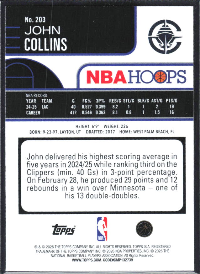 John Collins 2025-26 NBA Hoops #203 – baksida