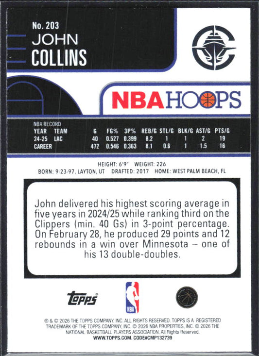 John Collins 2025-26 NBA Hoops #203 – baksida