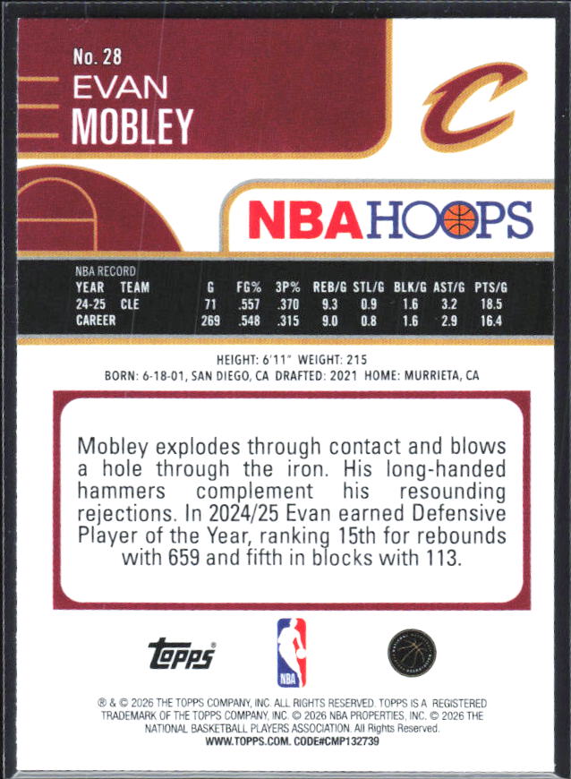 Evan Mobley 2025-26 NBA Hoops #28 – baksida