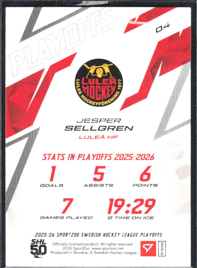 Jesper Sellgren 2025-26 SHL Playoffs #04 – baksida