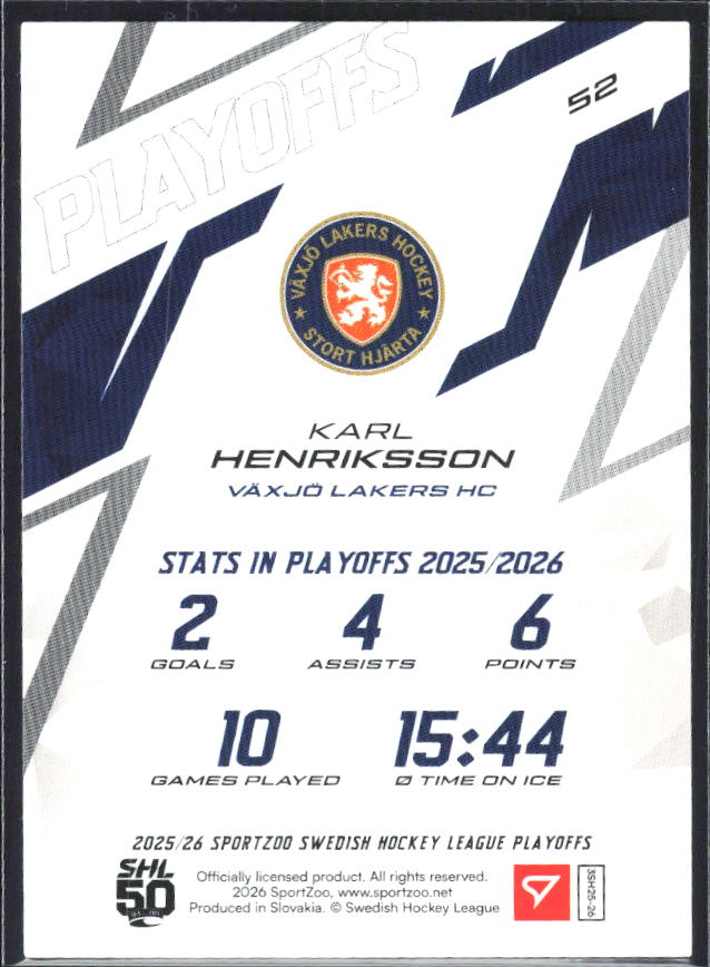 Karl Henriksson 2025-26 SHL Playoffs #52 – baksida