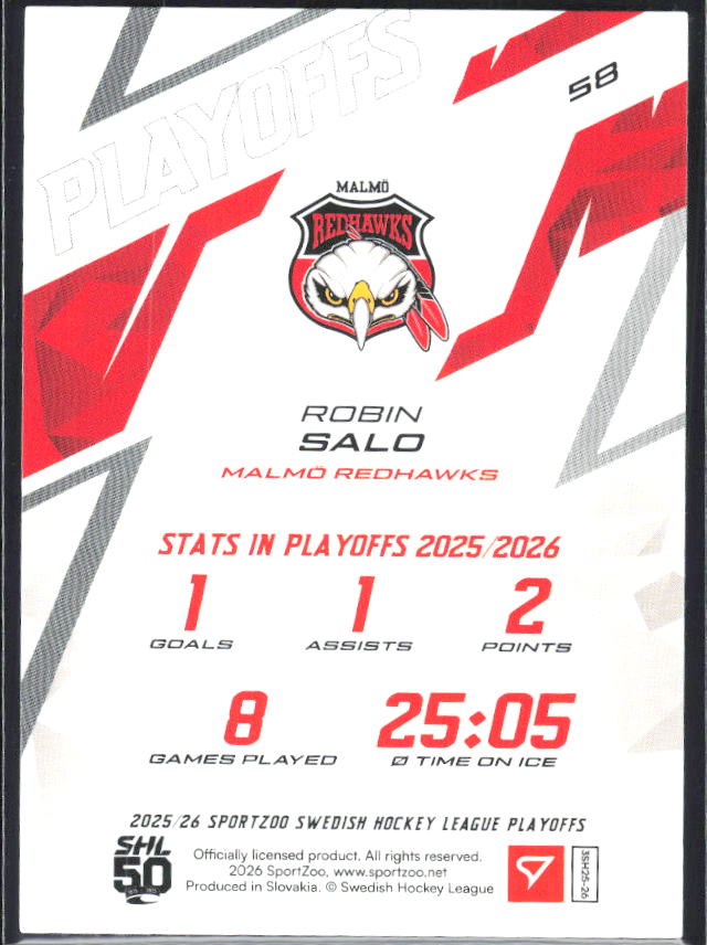 Robin Salo 2025-26 SHL Playoffs #58 – baksida