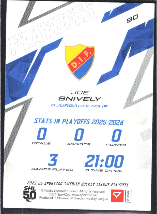 Joe Snively 2025-26 SHL Playoffs #90 – baksida