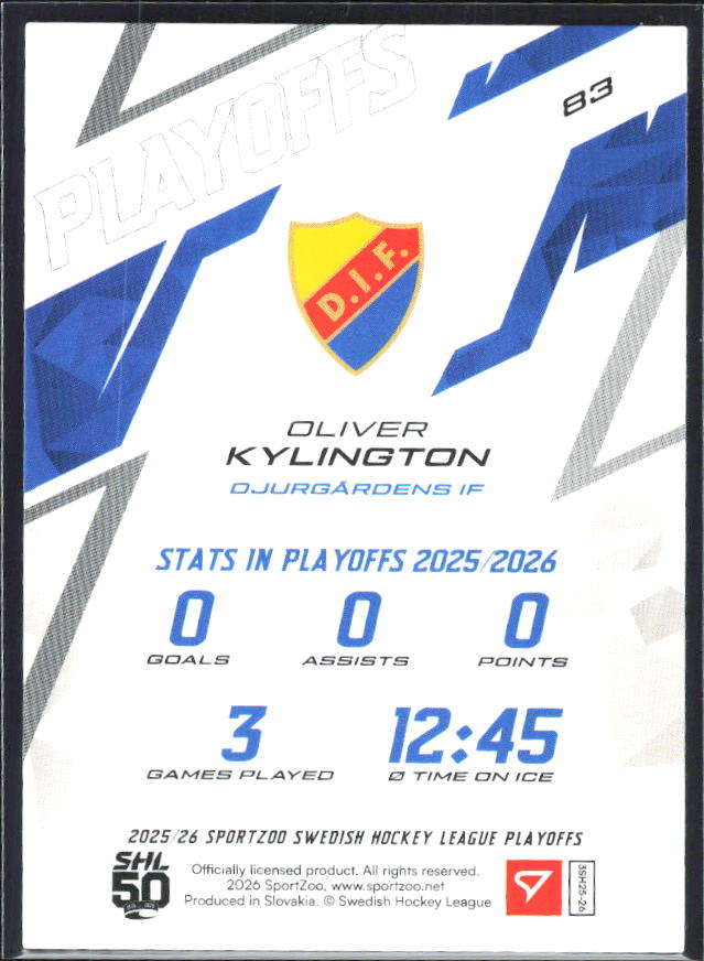 Oliver Kylington 2025-26 SHL Playoffs #83 – baksida