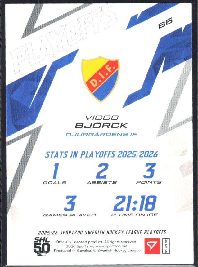 Viggo Björck 2025-26 SHL Playoffs #86 – baksida