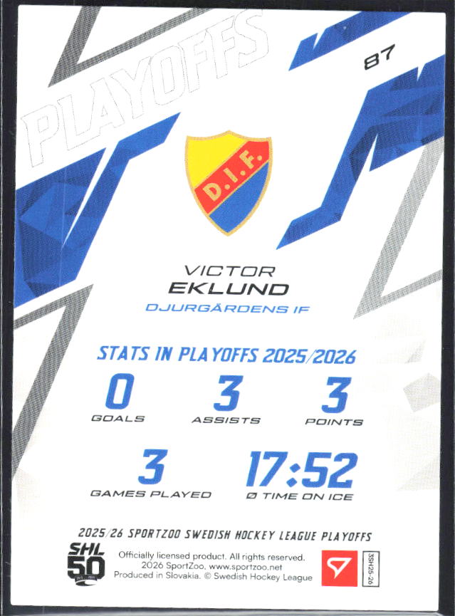 Victor Eklund 2025-26 SHL Playoffs #87 – baksida