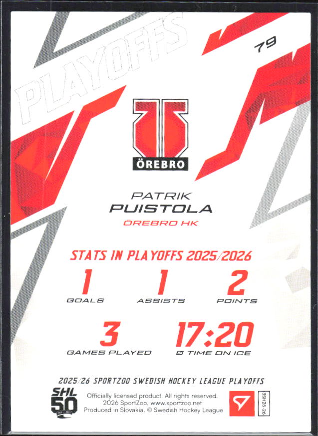 Patrik Puistola 2025-26 SHL Playoffs #79 – baksida