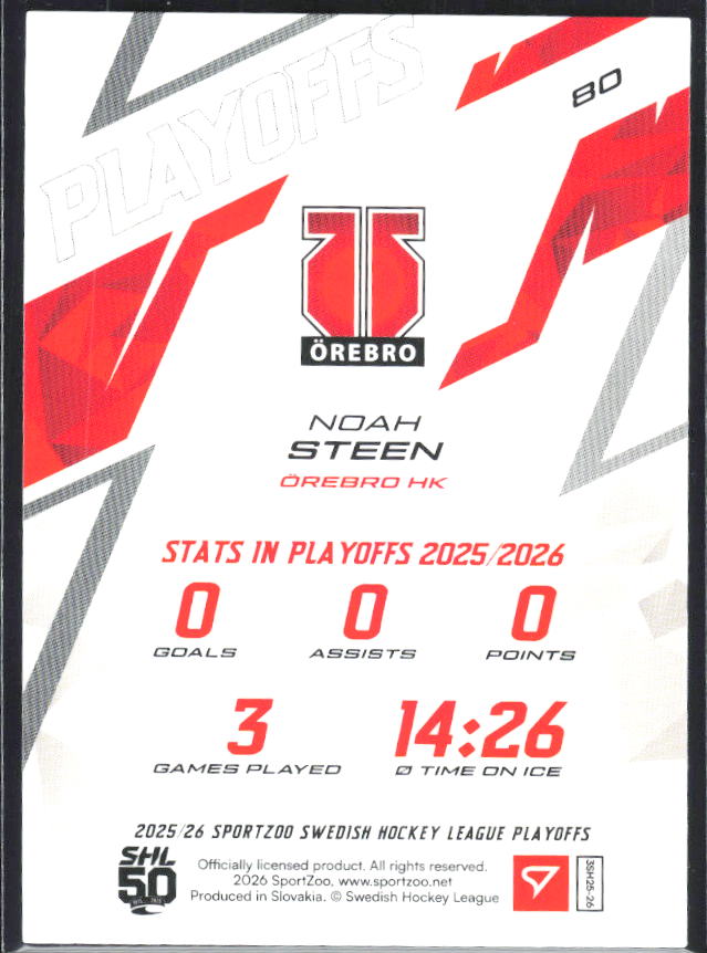 Noah Steen 2025-26 SHL Playoffs #80 – baksida