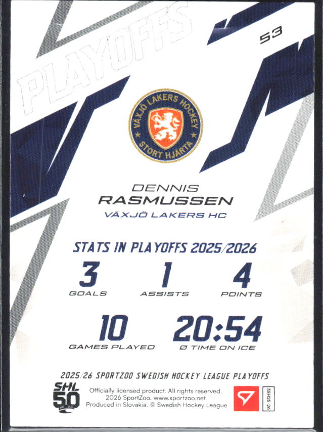 Dennis Rasmussen 2025-26 SHL Playoffs #53 – baksida