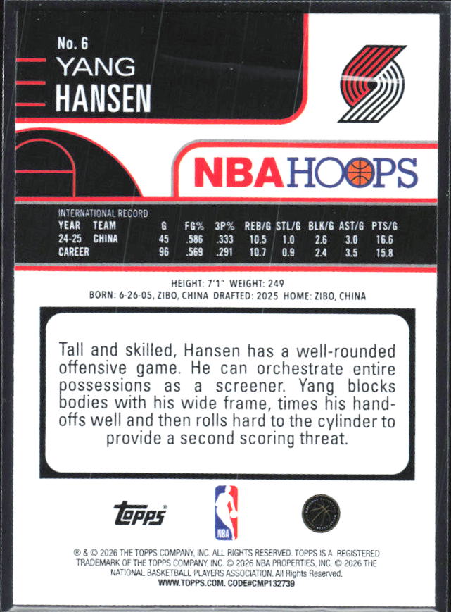 Yang Hansen 2025-26 NBA Hoops RC #6 – baksida