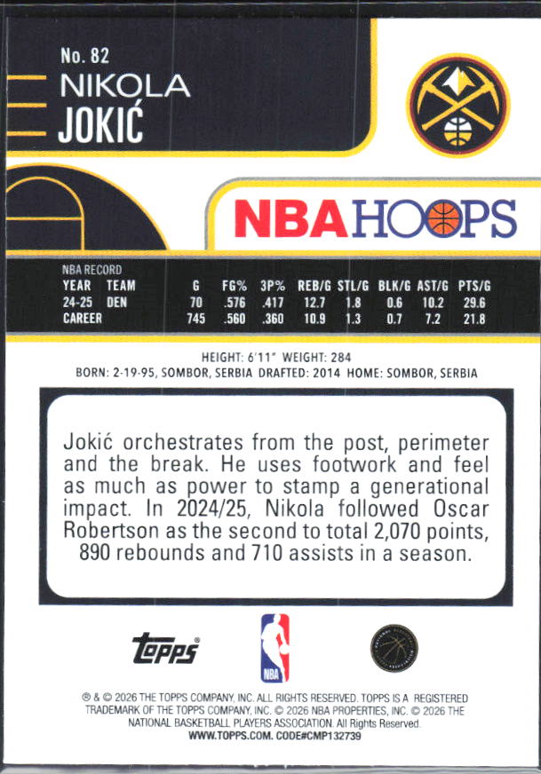 Nikola Jokić 2025-26 NBA Hoops #82 – baksida