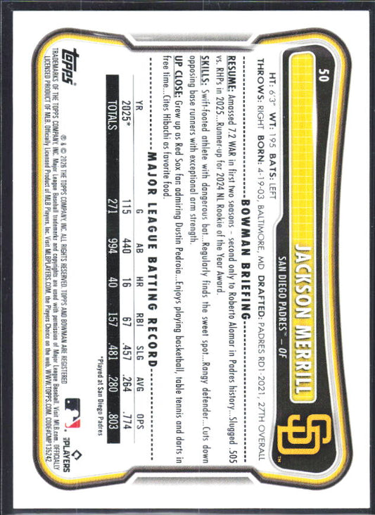 Jackson Merrill 2026 Bowman #50 – baksida