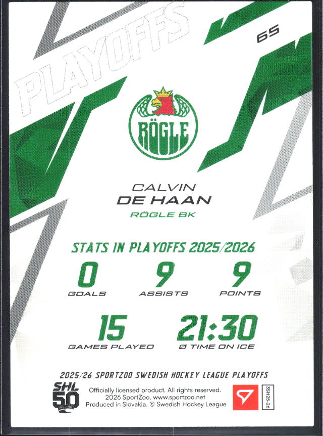 Calvin de Haan 2025-26 SHL Playoffs #65 – baksida