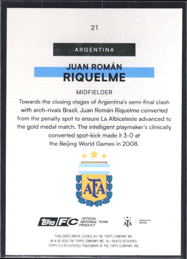 Juan Román Riquelme 2026 Argentina Team Set Bona Fide Baller #21 – baksida