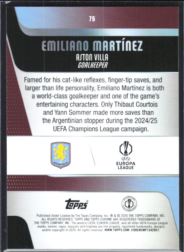 Emiliano Martínez 2025-26 Chrome UEFA #75 – baksida