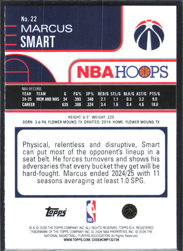 Marcus Smart 2025-26 NBA Hoops #22 – baksida