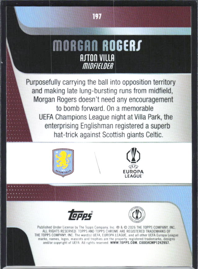 Morgan Rogers 2025-26 Chrome UEFA #197 – baksida