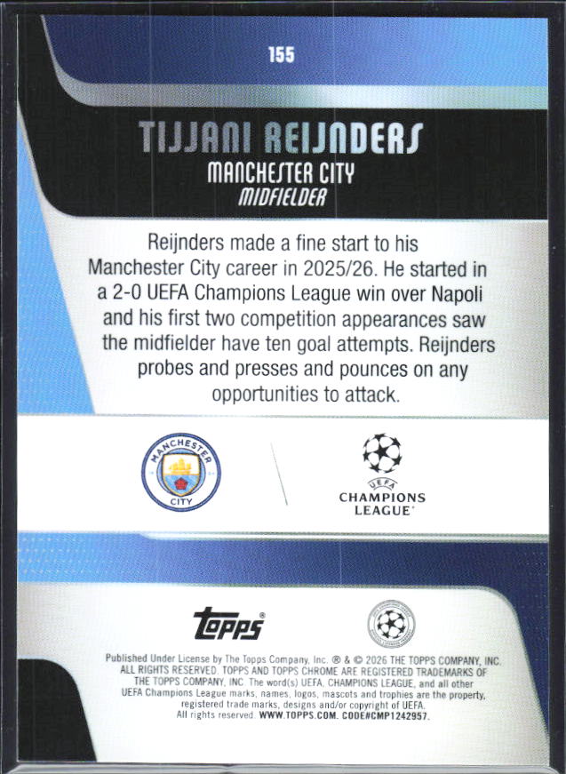 Tijjani Reijnders 2025-26 Chrome UEFA #155 – baksida