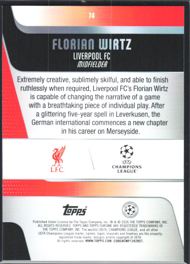 Florian Wirtz 2025-26 Chrome UEFA #74 – baksida