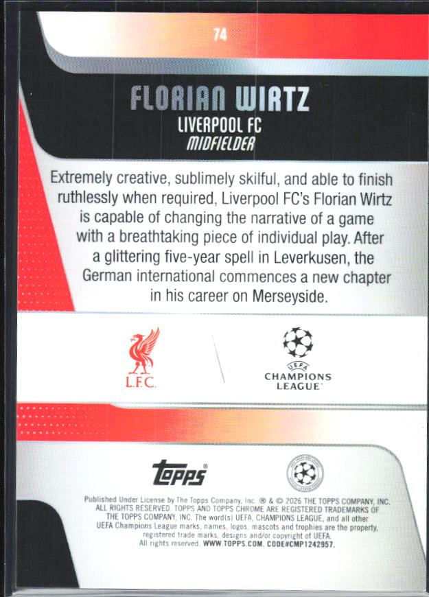 Florian Wirtz 2025-26 Chrome UEFA #74 – baksida