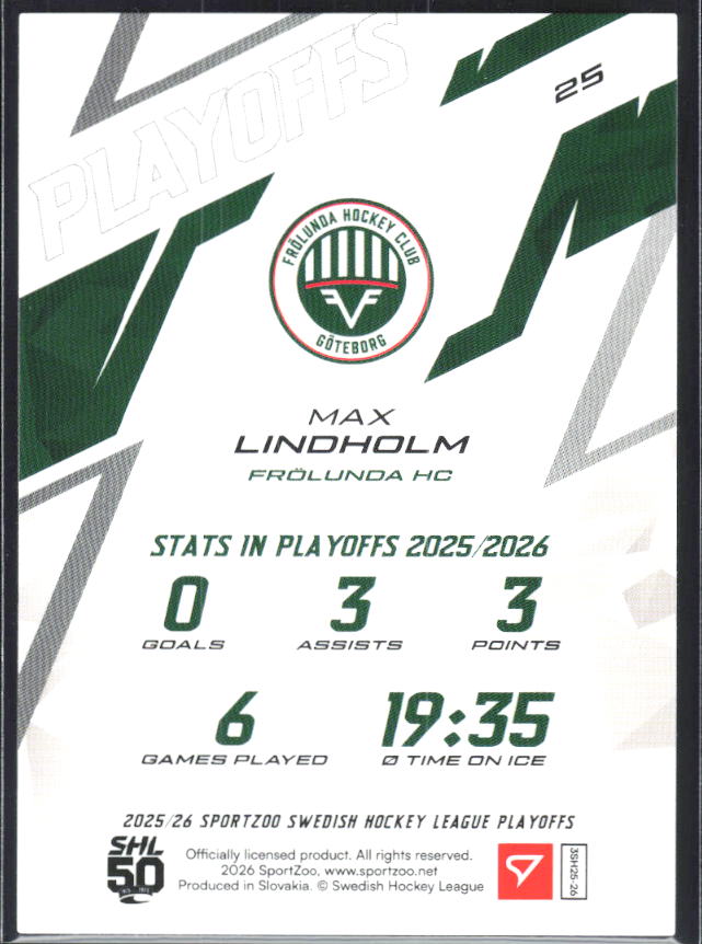 Max Lindholm 2025-26 SHL Playoffs #25 – baksida