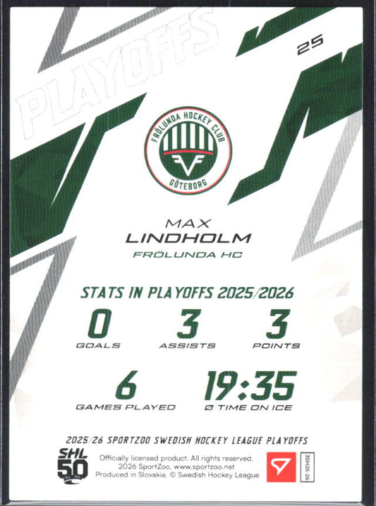 Max Lindholm 2025-26 SHL Playoffs #25 – baksida