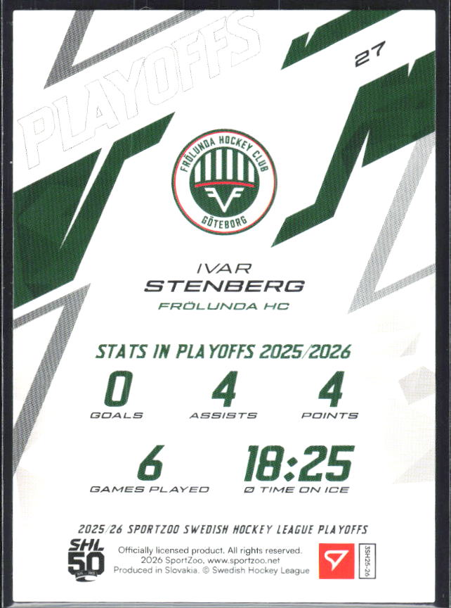 Ivar Stenberg 2025-26 SHL Playoffs #27 – baksida