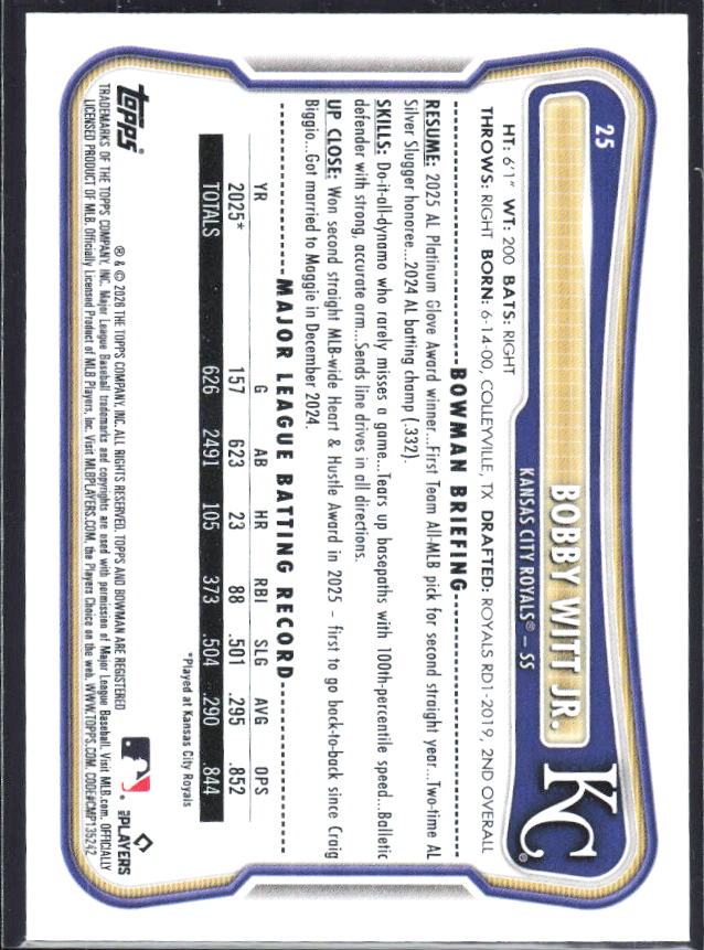 Bobby Witt Jr. 2026 Bowman #25 – baksida