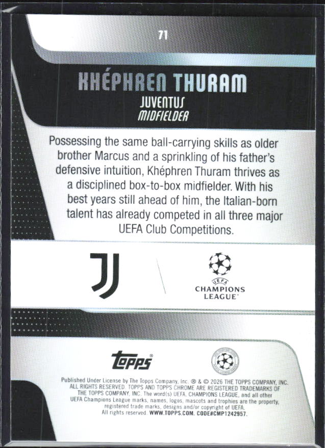 Khéphren Thuram 2025-26 Chrome UEFA #71 – baksida