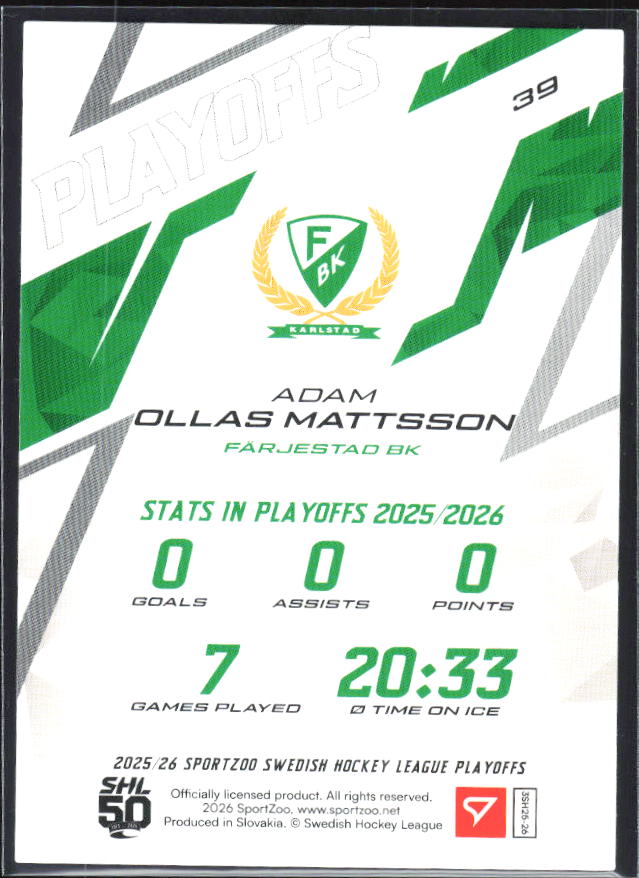 Adam Ollas Mattsson 2025-26 SHL Playoffs #39 – baksida