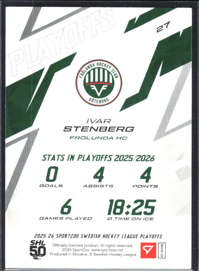 Ivar Stenberg 2025-26 SHL Playoffs #27 – baksida