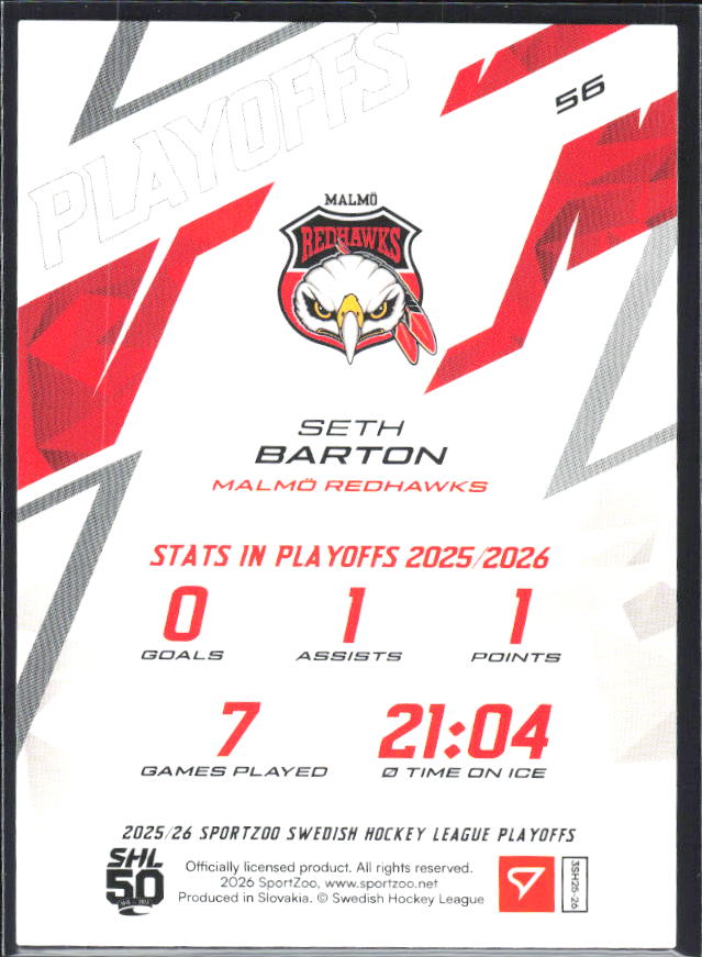 Seth Barton 2025-26 SHL Playoffs #56 – baksida