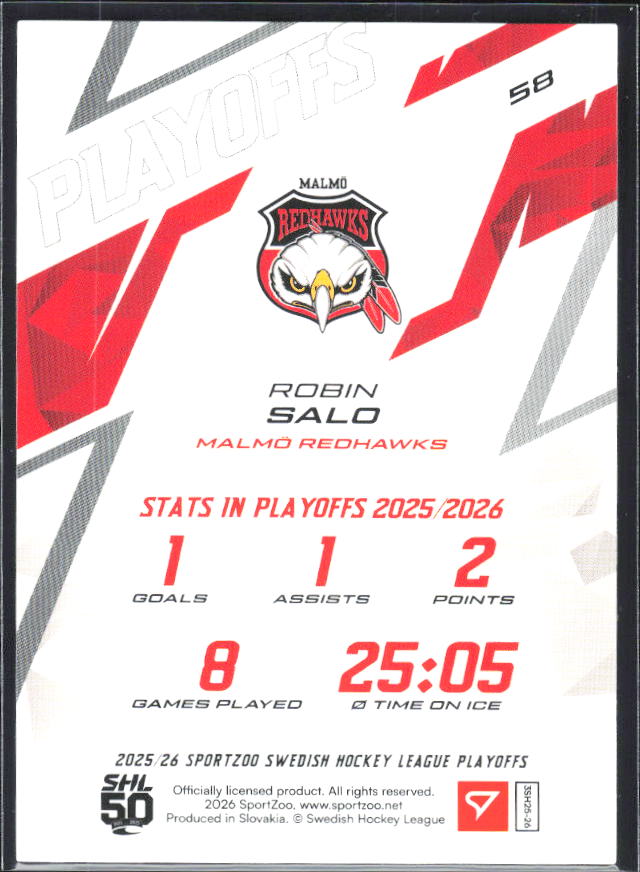 Robin Salo 2025-26 SHL Playoffs #58 – baksida