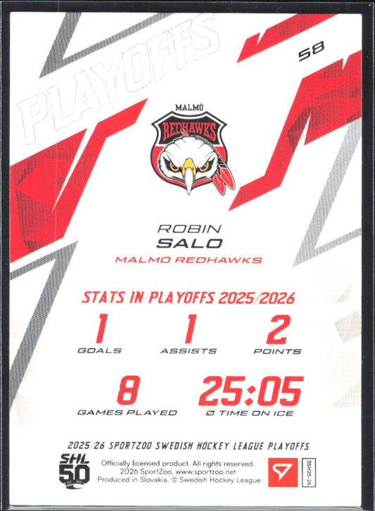 Robin Salo 2025-26 SHL Playoffs #58 – baksida