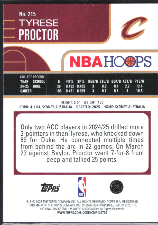 Tyrese Proctor 2025-26 NBA Hoops RC #215 – baksida