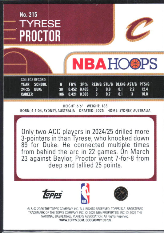 Tyrese Proctor 2025-26 NBA Hoops RC #215 – baksida