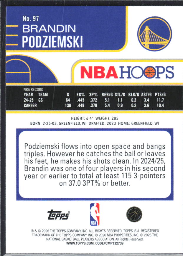 Brandin Podziemski 2025-26 NBA Hoops #97 – baksida