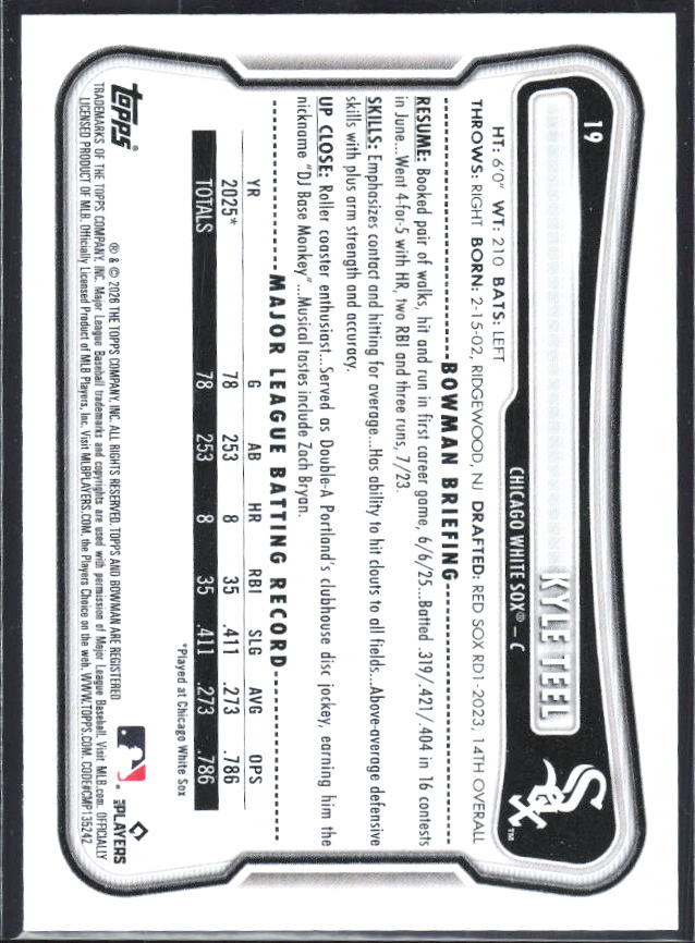 Kyle Teel 2026 Bowman RC #19 – baksida