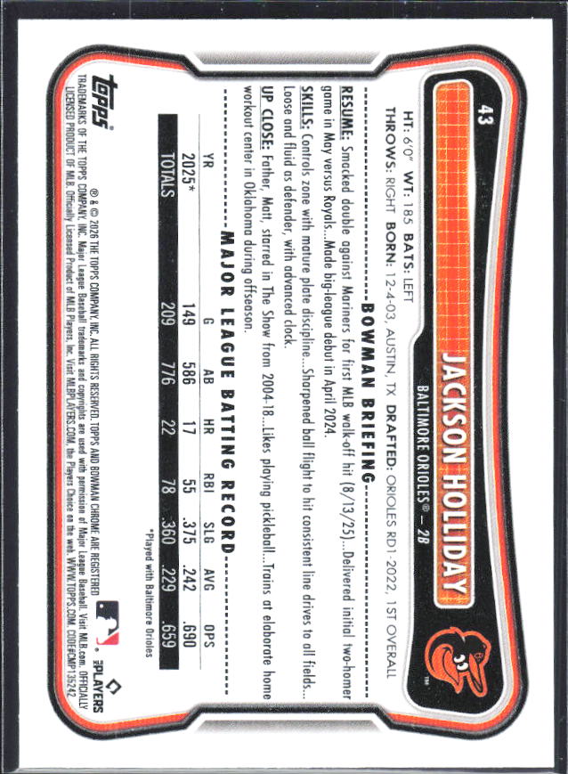 Jackson Holliday 2026 Bowman #43 – baksida