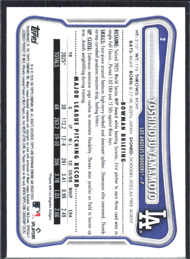 Yoshinobu Yamamoto 2026 Bowman #2 – baksida