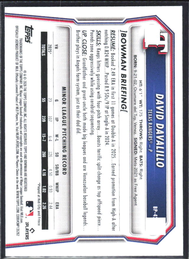 David Davalillo 2026 Bowman 1st Prospects #BP-42 – baksida