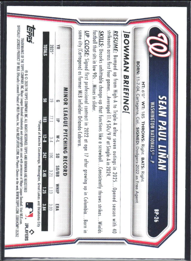 Sean Paul Liñan 2026 Bowman 1st Prospects #BP-26 – baksida