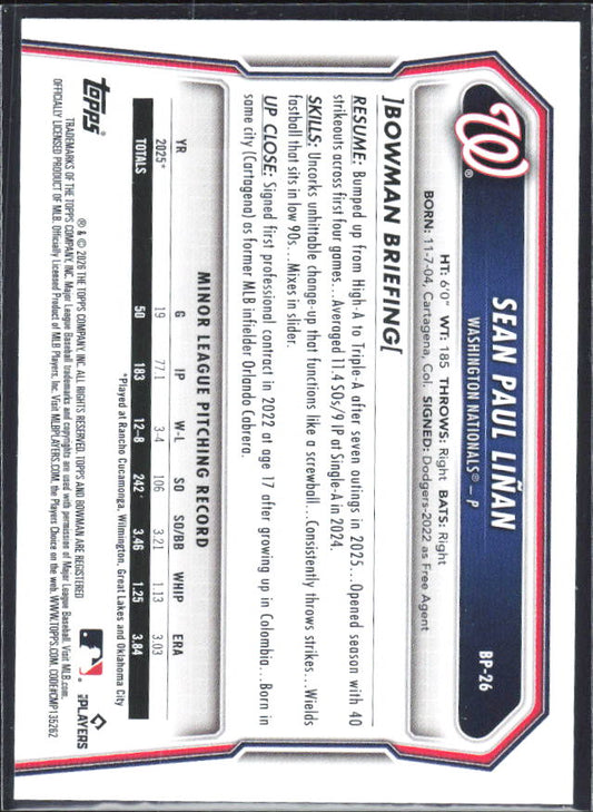 Sean Paul Liñan 2026 Bowman 1st Prospects #BP-26 – baksida