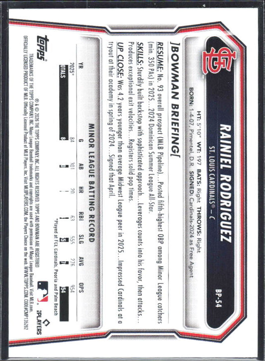 Rainiel Rodriguez 2026 Bowman Prospects #BP-54 – baksida