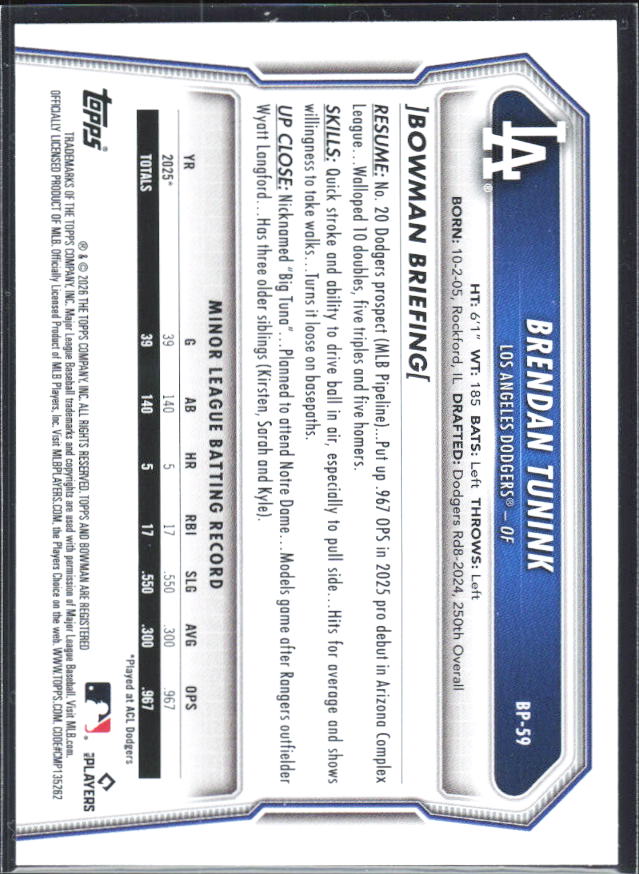 Brendan Tunink 2026 Bowman 1st Prospects #BP-59 – baksida