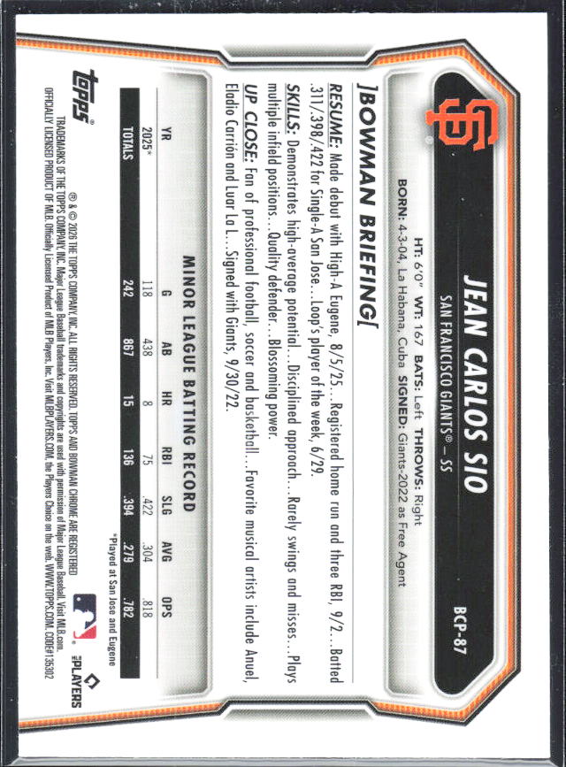 Jean Carlos Sio 2026 Bowman 1st Chrome Prospects #BCP-87 – baksida