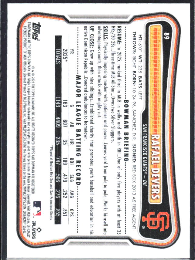 Rafael Devers 2026 Bowman #89 – baksida