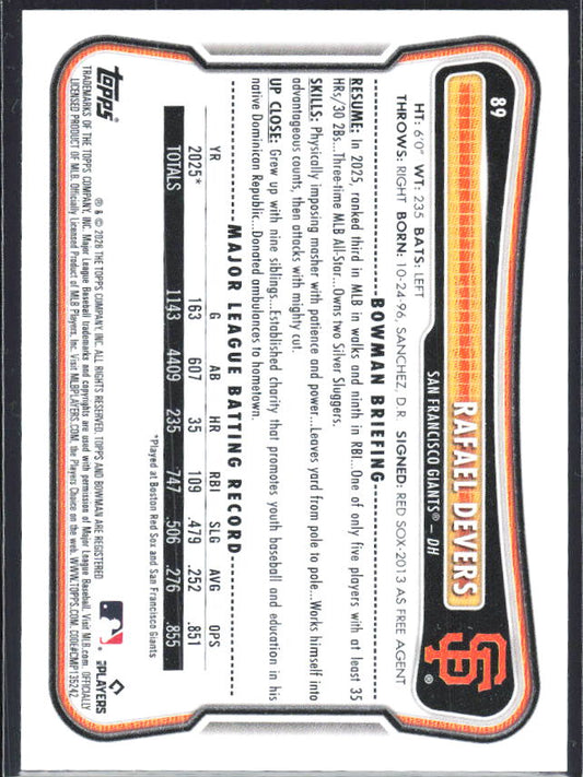 Rafael Devers 2026 Bowman #89 – baksida